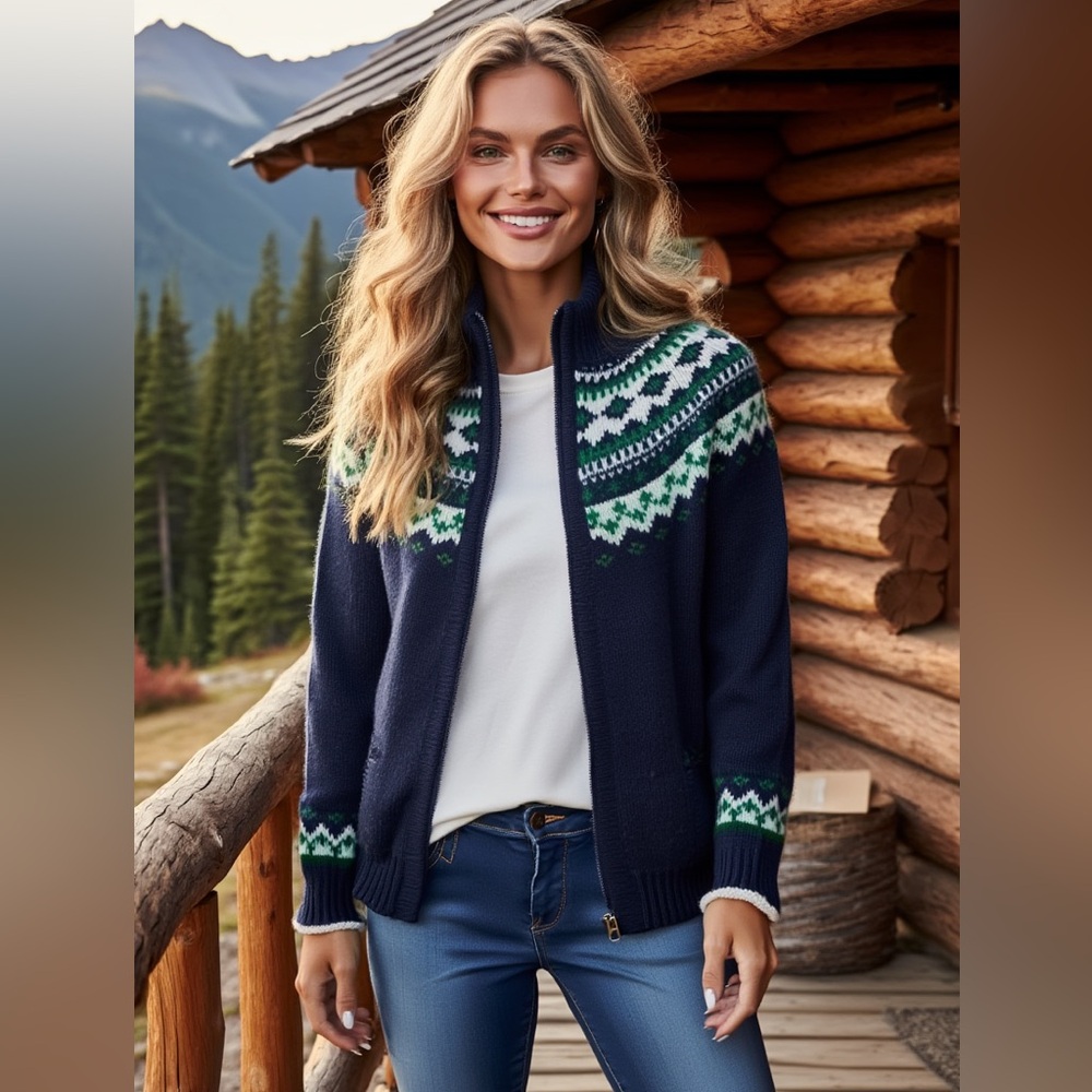L.L. BEAN Nordic Fair Isle 100% Wool Sweater Cardigan